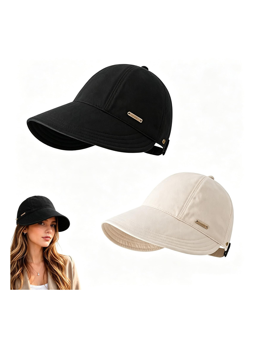 2 Pack Women's Wide Brim Sun Protection Hat, UV | Black, White | Size OS